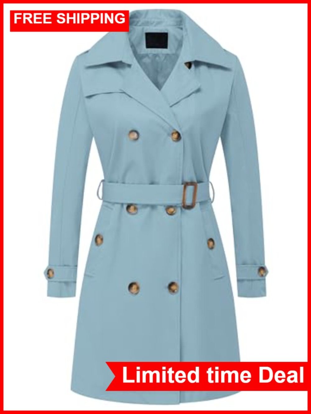 Double Breasted Long Trench Coat Belted Overcoat Detachable Hood Water Resistant